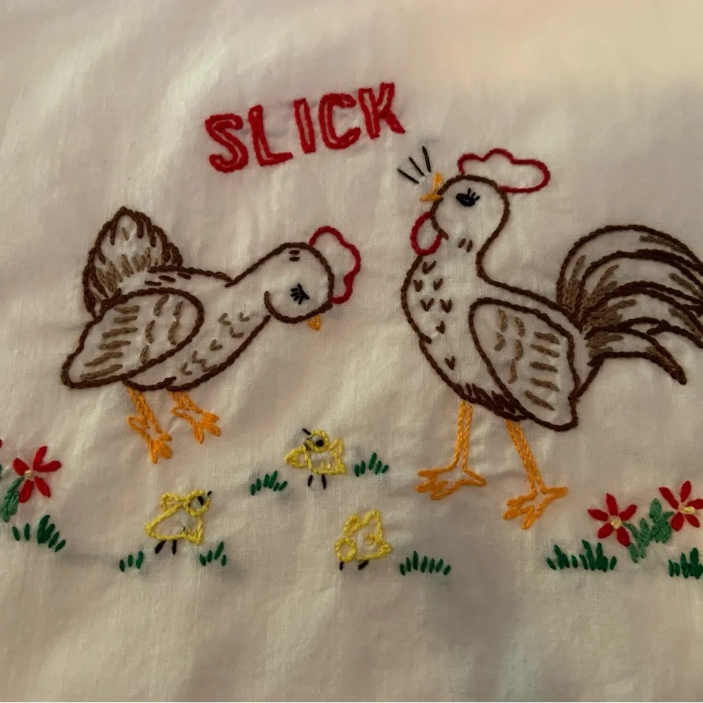 Vintage Hand Embroidered Chicken Design Flour Sack Kitchen Towels Set Of 5